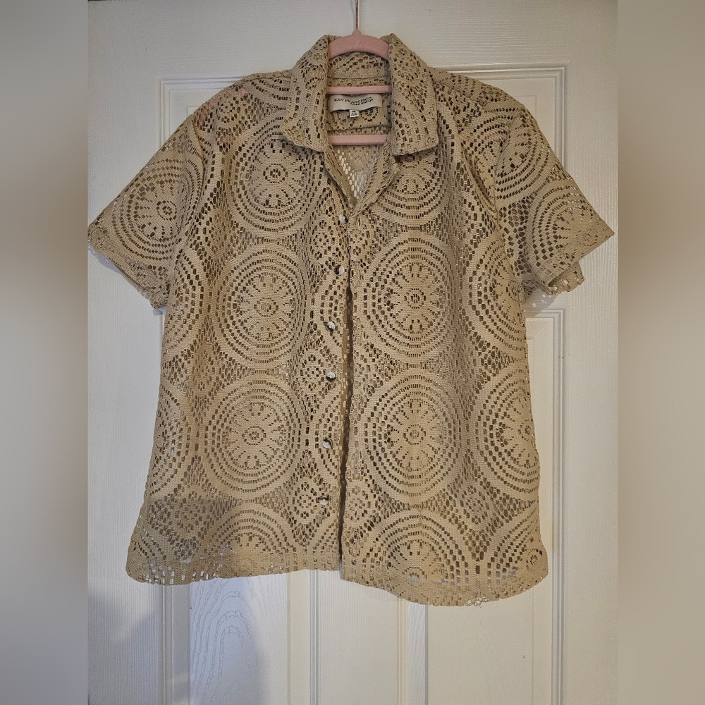 Elegant Beige Lace Button-Down Shirt